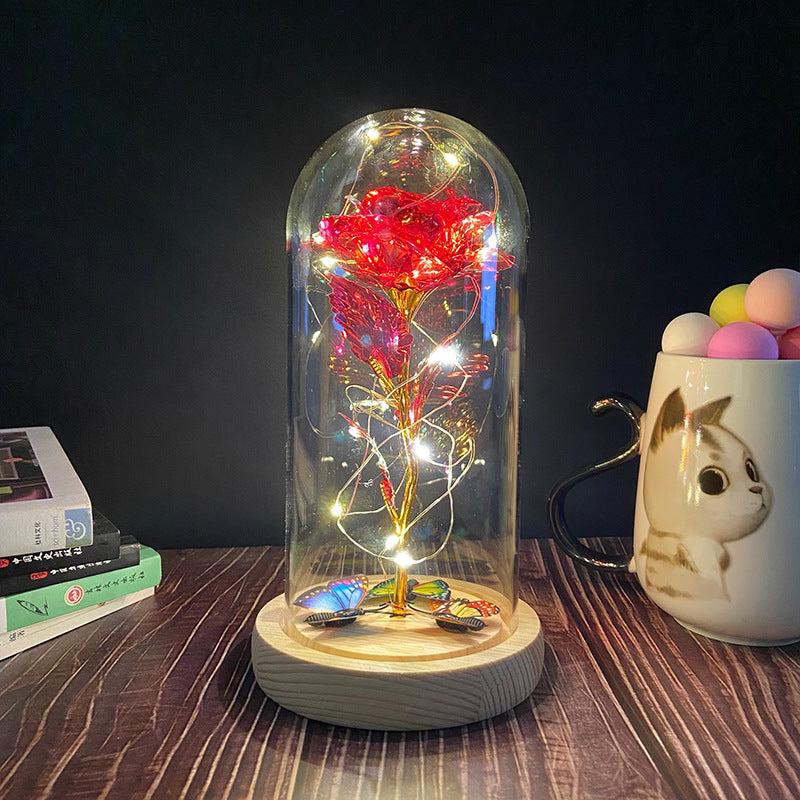 LED Glass Dome Faux Gold Foil Rose Eternal Flower